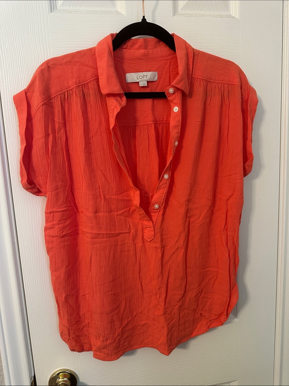 LOFT Short-Sleeve Button Placket Top - Coral Orange